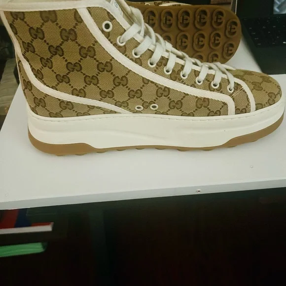 Gucci Monogram High-Top Sneakers in Brown and Cream - Picture 1 of 2